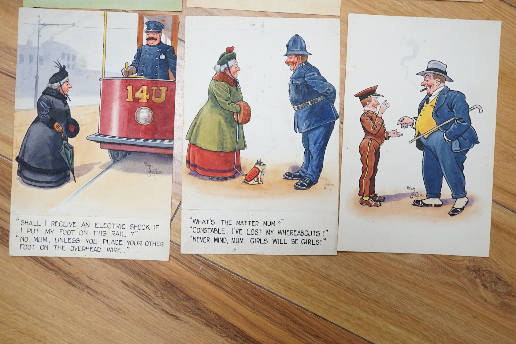 Reg Carter (1886-1949), set of six original watercolours for postcard designs, Humorous figures and scenes, each signed, 21.5 x 13cm, unframed. Condition - fair